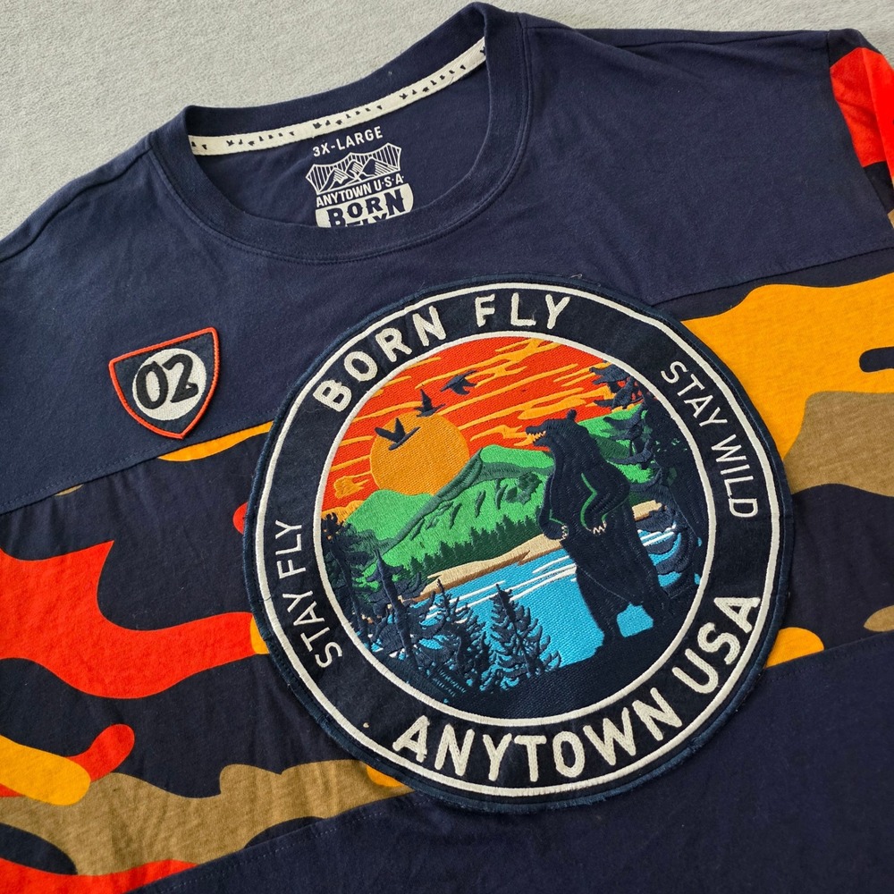Born Fly Anytown USA Mens 3XL Long Sleeve Graphic Tee Navy Camo Stay Wild Bear